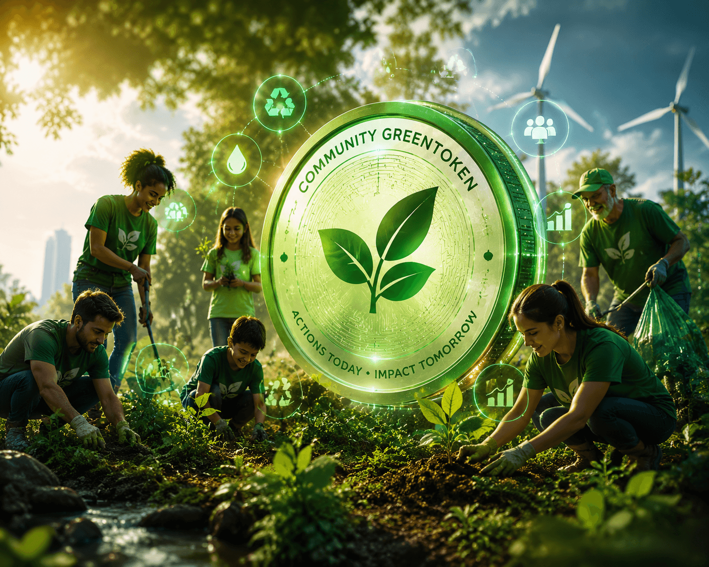 Community members engaging in eco-friendly actions with blockchain rewards visualization