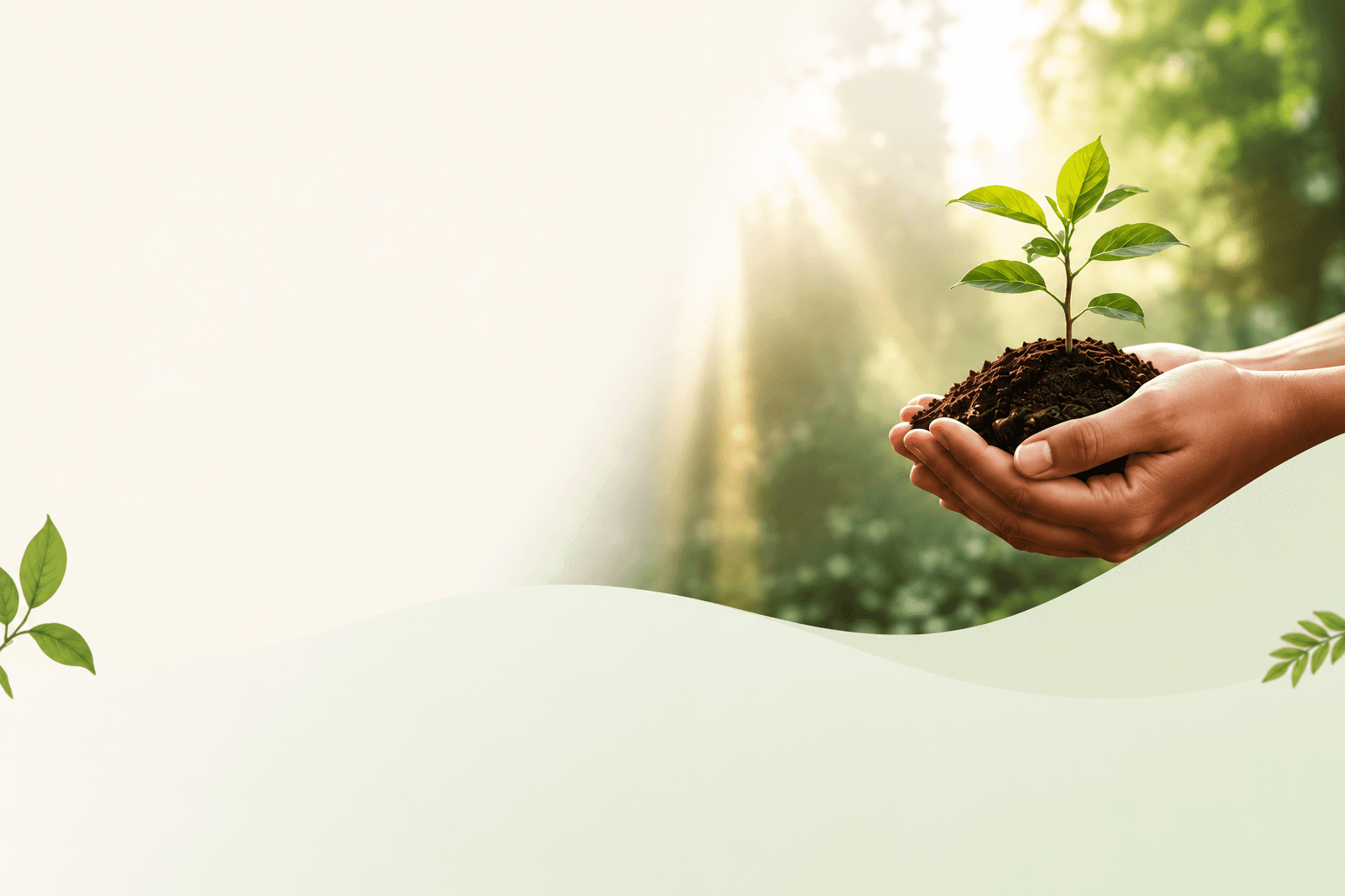 Hands gently holding a young plant seedling in sunlit forest