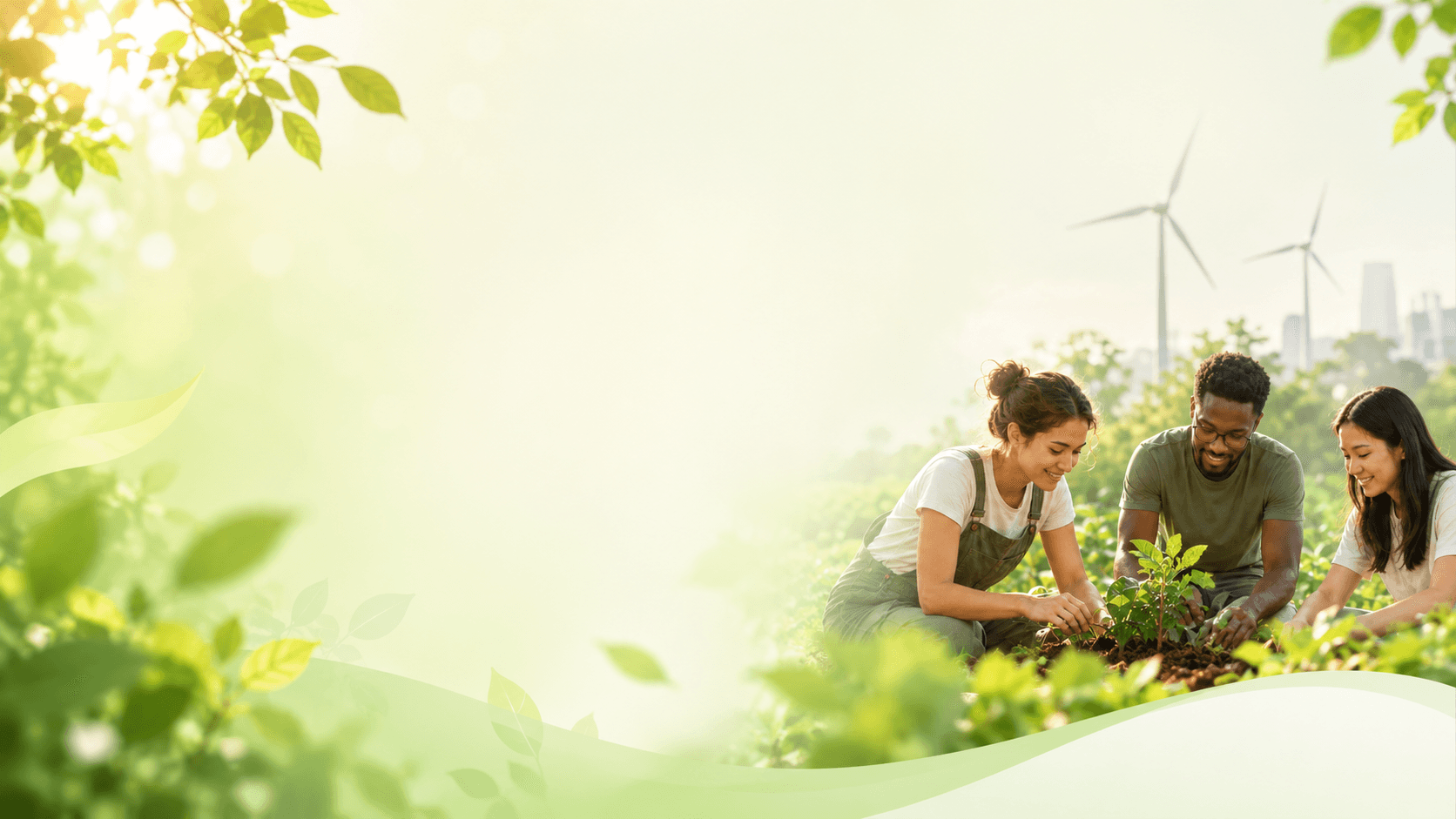 People gardening in a sunlit eco-friendly garden